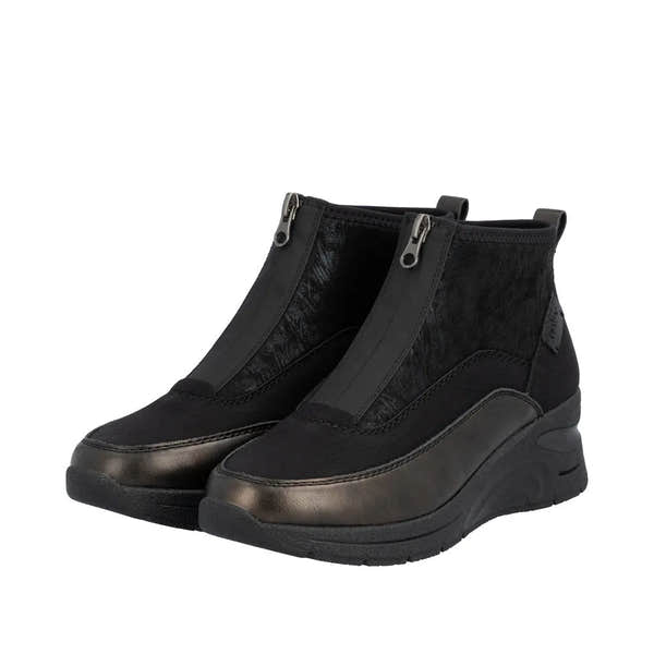 Rieker N9362-01 women's black textile ankle boots with front zipper and wedge heel.