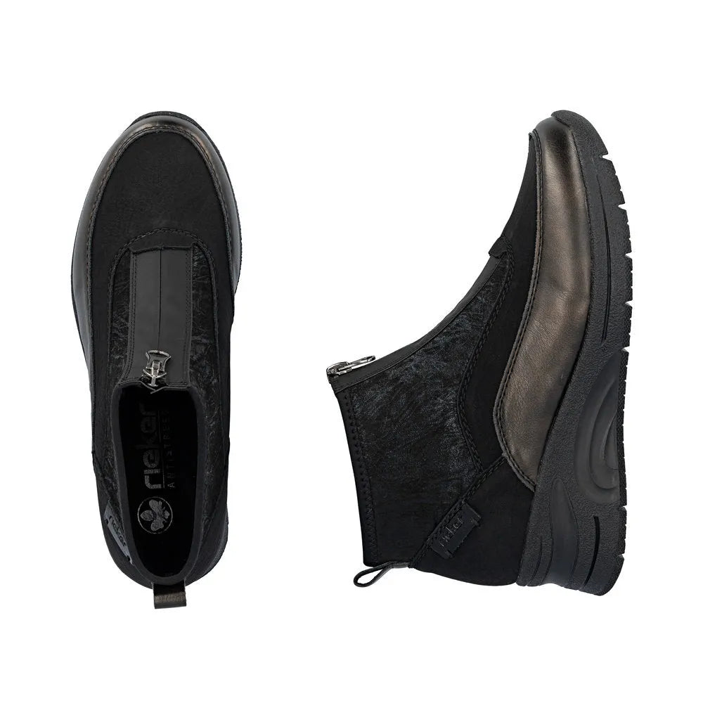 Rieker N9362-01 women's black textile ankle boots with front zip, cushioned sole, and sporty design.
