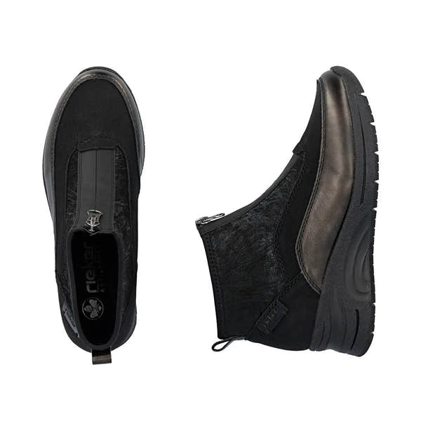 Rieker N9362-01 women's black textile ankle boots with front zip, cushioned sole, and sporty design.