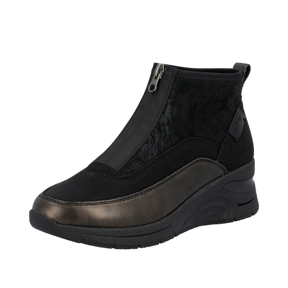 Rieker N9362-01 women's black textile ankle boots with front zip, wedge heel, and stylish design.