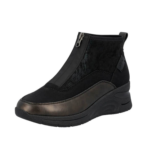 Rieker N9362-01 women's black textile ankle boots with front zip, wedge heel, and stylish design.