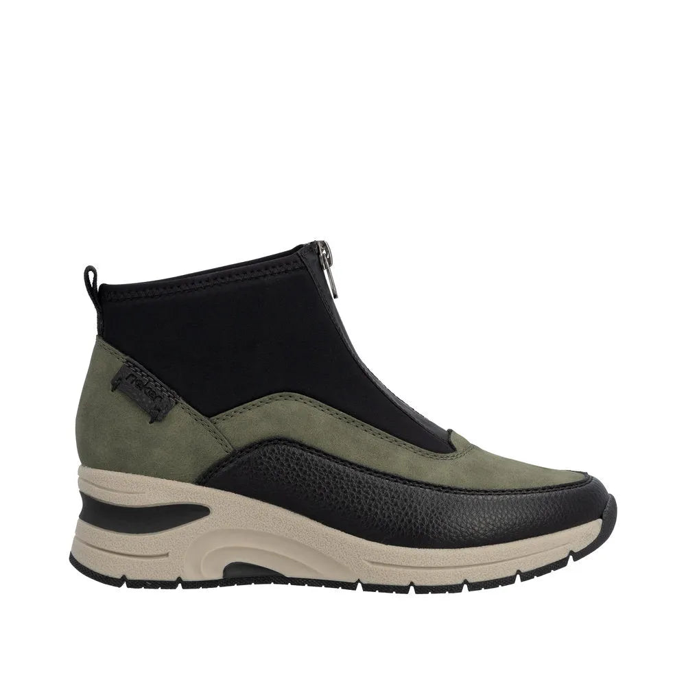 Rieker N9362-54 women's green and black front-zip ankle boots with sporty sole and stylish design.