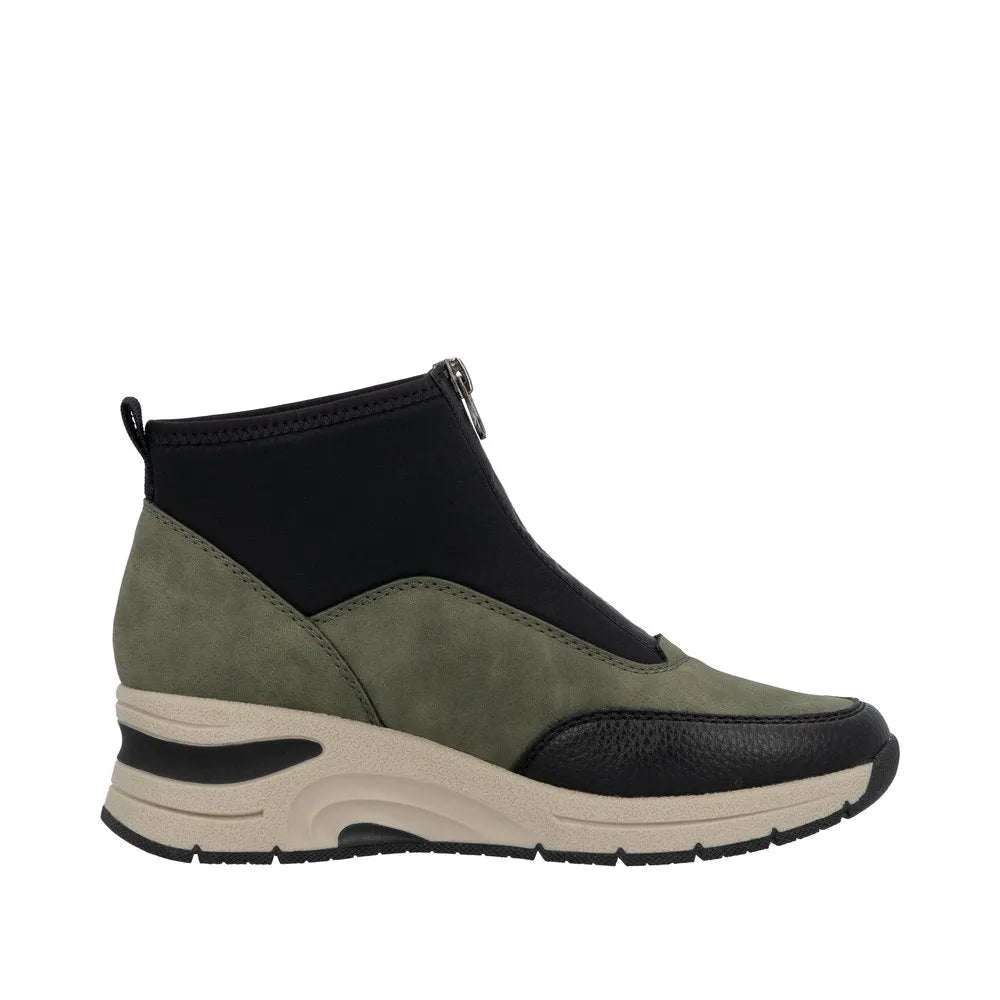 Rieker N9362-54 women's green and black front zip ankle boots with a chunky sole and ankle-high design.