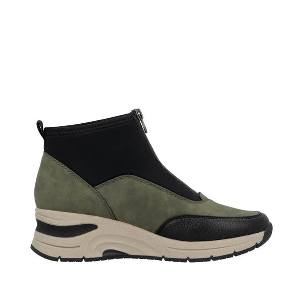 Rieker N9362-54 women's green and black front zip ankle boots with a chunky sole and ankle-high design.