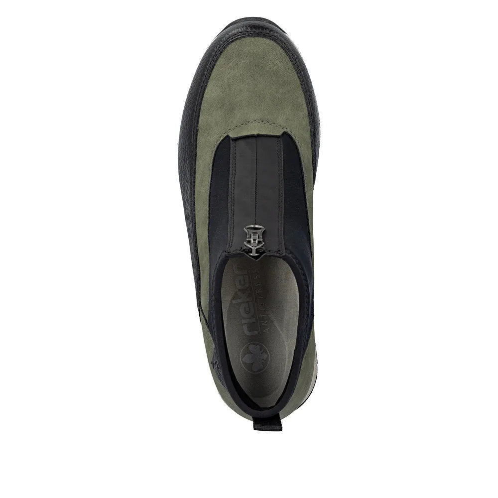 Rieker N9362-54 women's green combi ankle boots with front zip, waterproof leather and suede, anti-slip sole, casual fashion footwear.