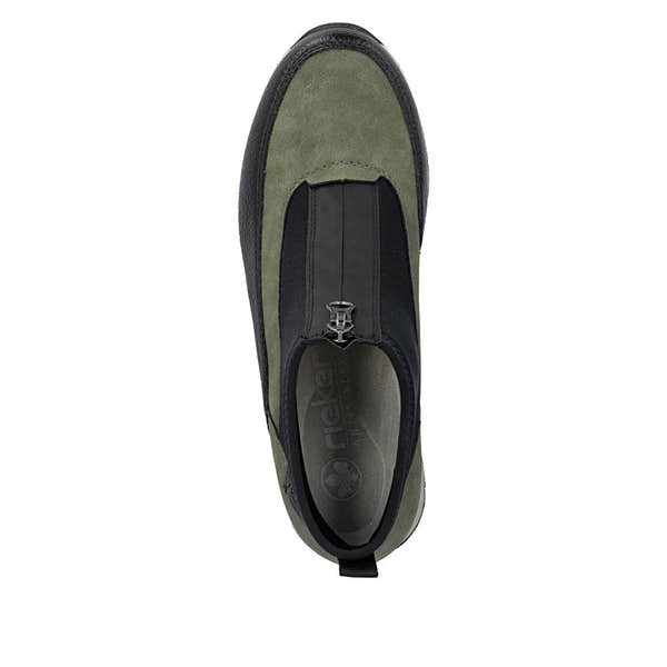 Rieker N9362-54 women's green combi ankle boots with front zip, waterproof leather and suede, anti-slip sole, casual fashion footwear.