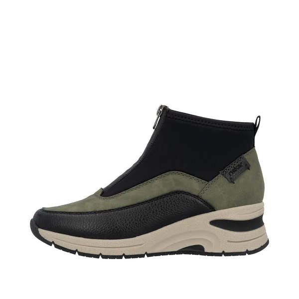 Rieker N9362-54 women's green and black ankle boots with front zipper, chunky sole, and mixed materials.