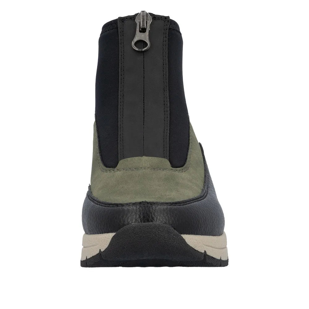 Rieker N9362-54 women's green and black ankle boots with front zipper, chunky sole, and mixed material upper.