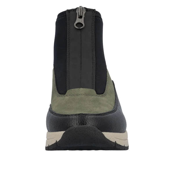 Rieker N9362-54 women's green and black ankle boots with front zipper, chunky sole, and mixed material upper.