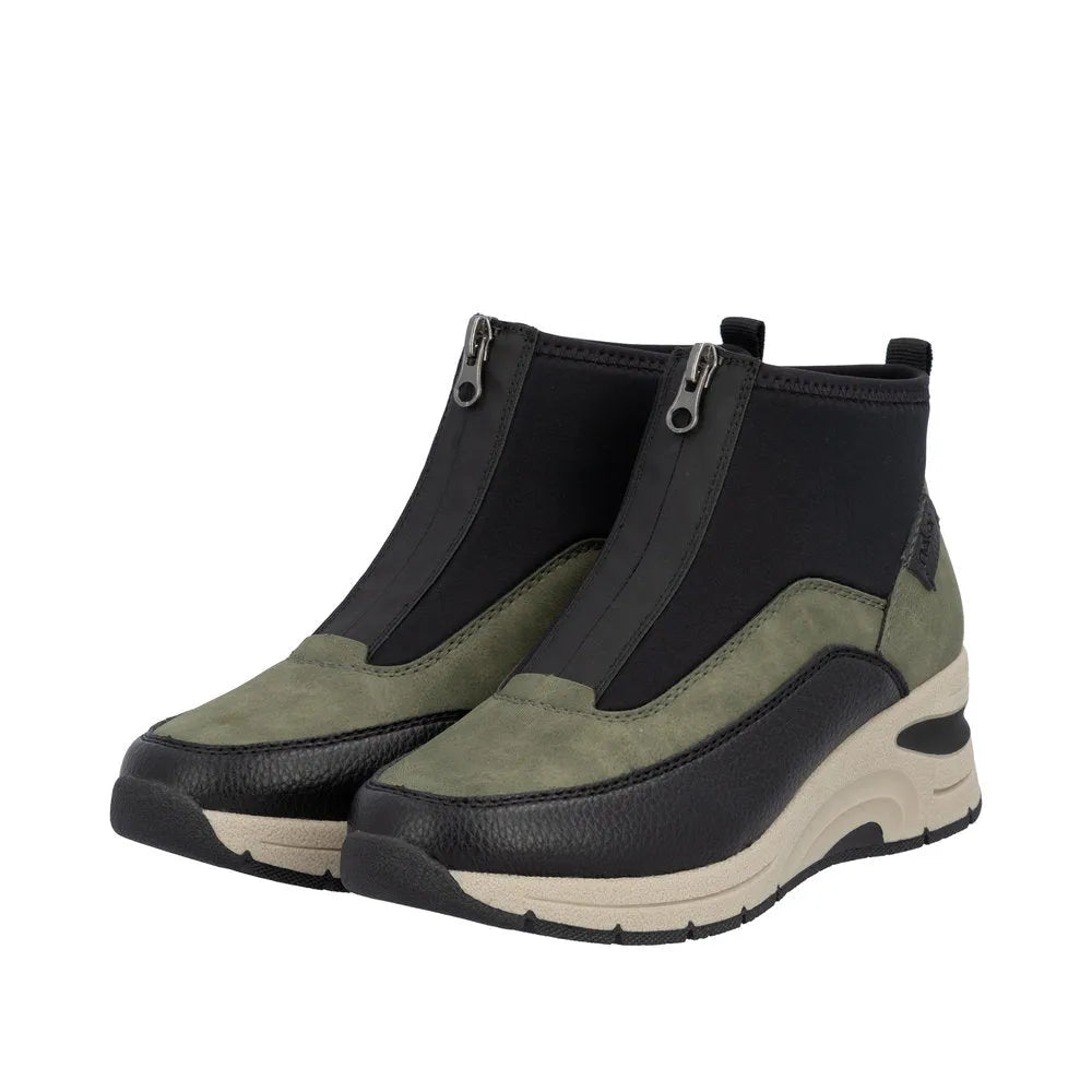 Rieker N9362-54 women's green and black front-zip ankle boots with sporty design and chunky sole.