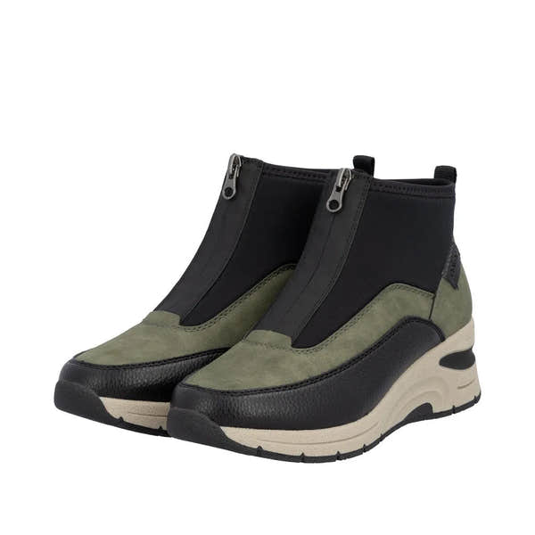 Rieker N9362-54 women's green and black front-zip ankle boots with sporty design and chunky sole.