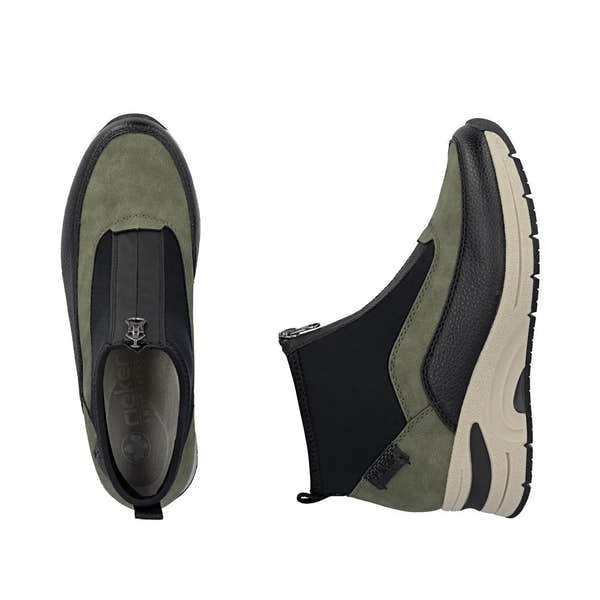 Rieker N9362-54 women's green ankle boots with front zip, slip-on design, cushioned sole, and mixed leather and fabric upper.