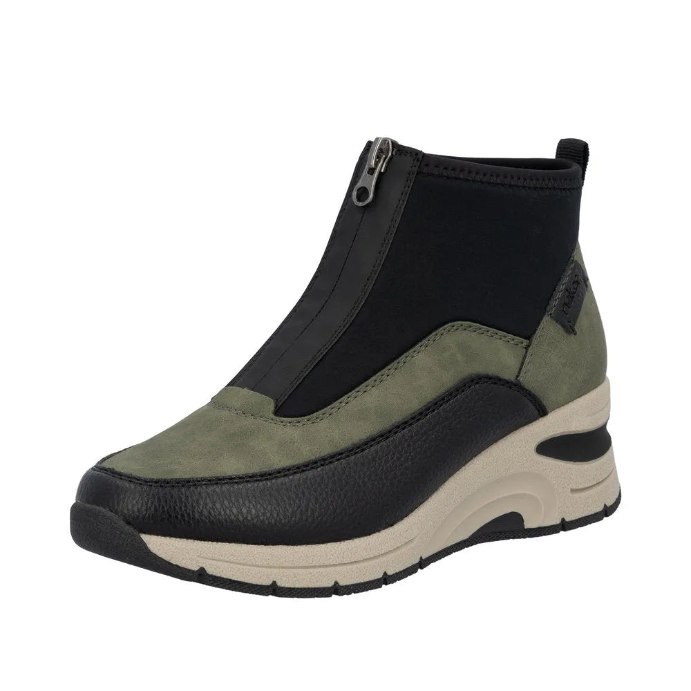 Rieker N9362-54 women's green and black ankle boots with front zip, chunky sole, and mixed textile and leather upper.