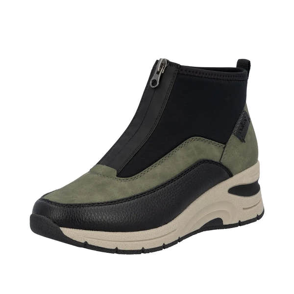 Rieker N9362-54 women's green and black ankle boots with front zip, chunky sole, and mixed textile and leather upper.