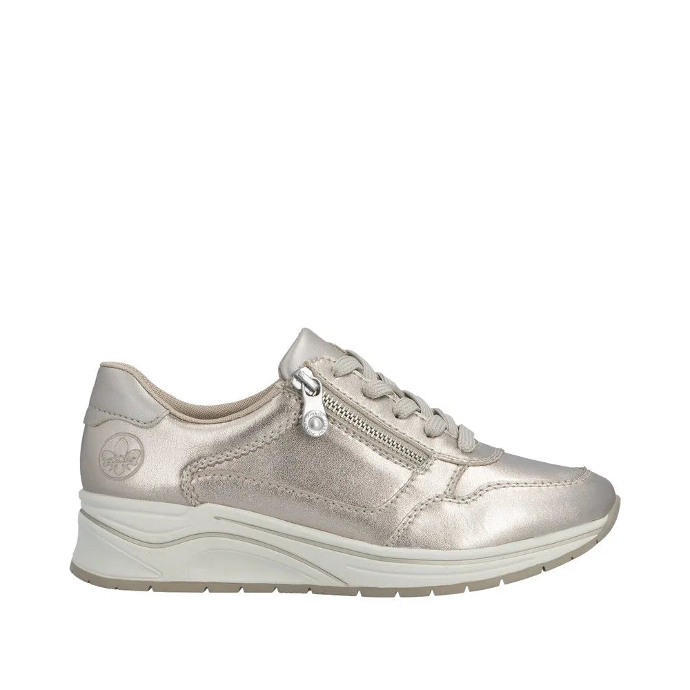 Champagne leather women's sneakers with zip, laces, padded collar, and chunky sole.