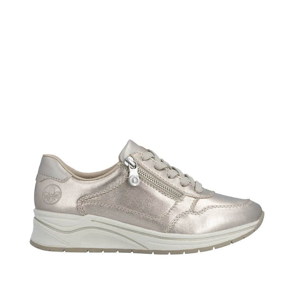Champagne leather women's sneakers with zip, laces, padded collar, and chunky sole.