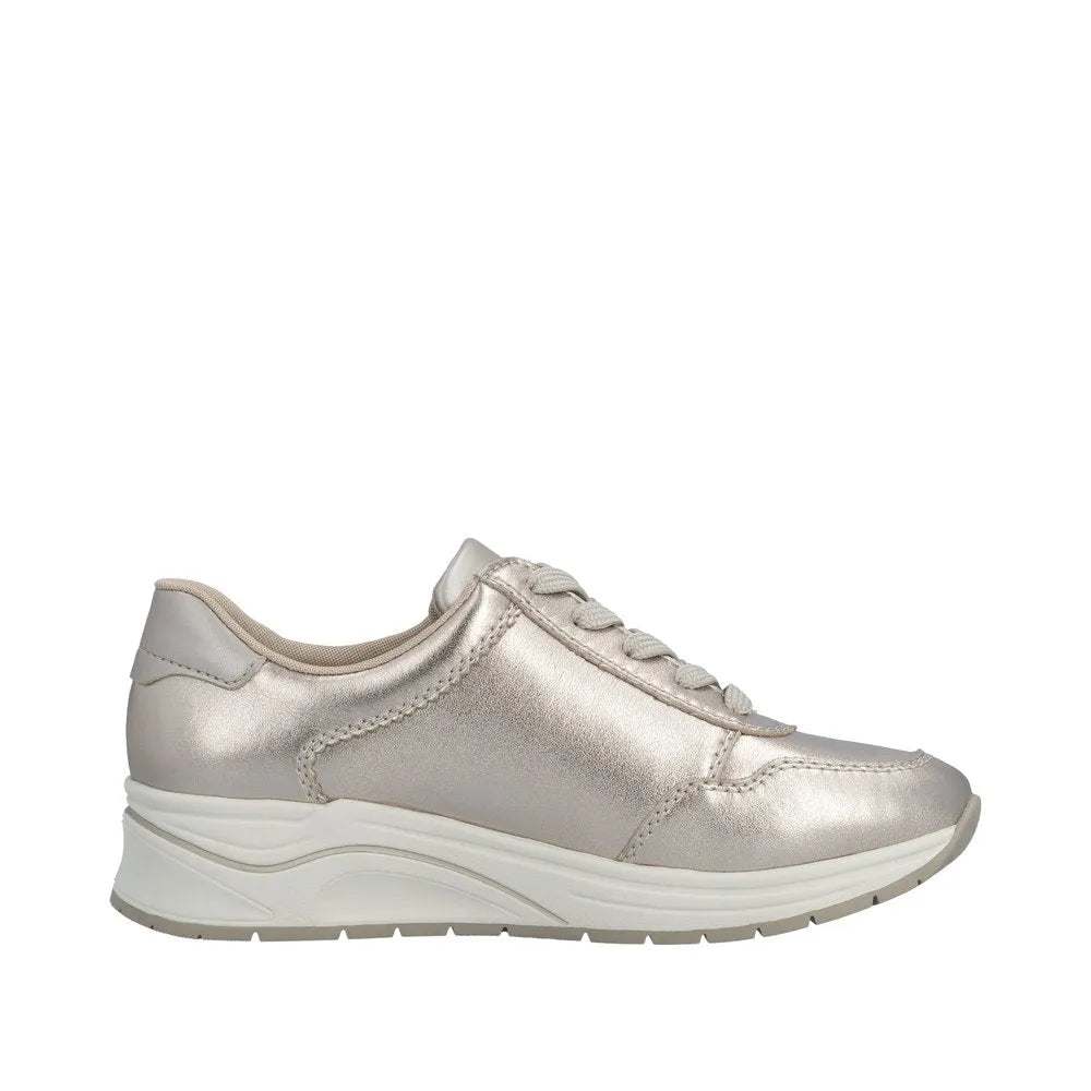Rieker N9501-90 ladies wide-fit champagne leather sneakers with zip and lace-up closure, cushioned sole, stylish design.