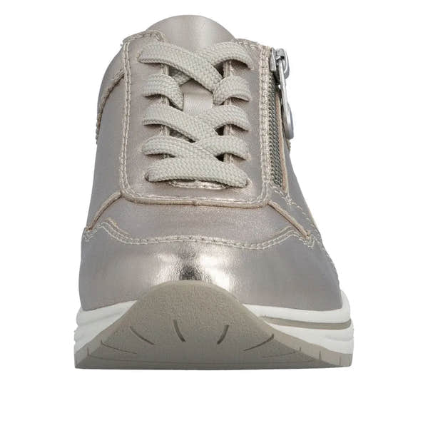 Women's champagne leather sneaker with lace-up front, side zipper, and white sole.