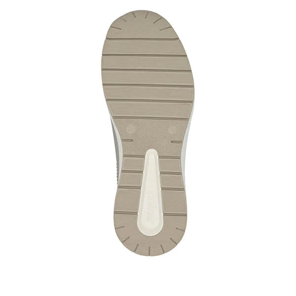 Rieker N9501-90 women's wide fit champagne leather shoes with zip and lace-up design, rubber sole, and subtle textured accents.