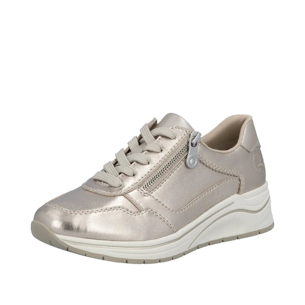 Rieker N9501-90 women's wide Champagne leather sneaker with zipper, lace-up front, cushioned sole, and sporty style.