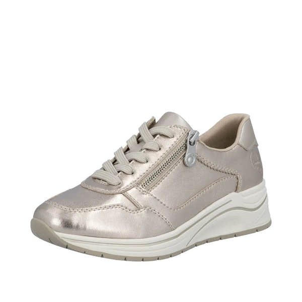 Rieker N9501-90 women's wide Champagne leather sneaker with zipper, lace-up front, cushioned sole, and sporty style.