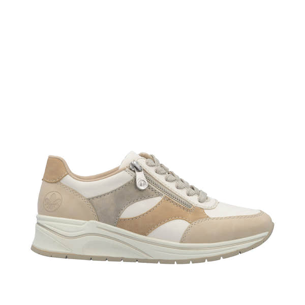 Rieker N9518-60 ladies wide-fit sneakers with multi zippers, lace-up design, neutral beige, gray, and white colors, and comfortable sole.