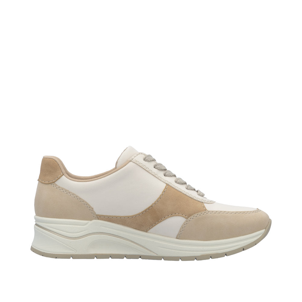 Rieker N9518-60 women's wide fit multisport trainers with lace-up closure, zip detail, beige and white color blocking.