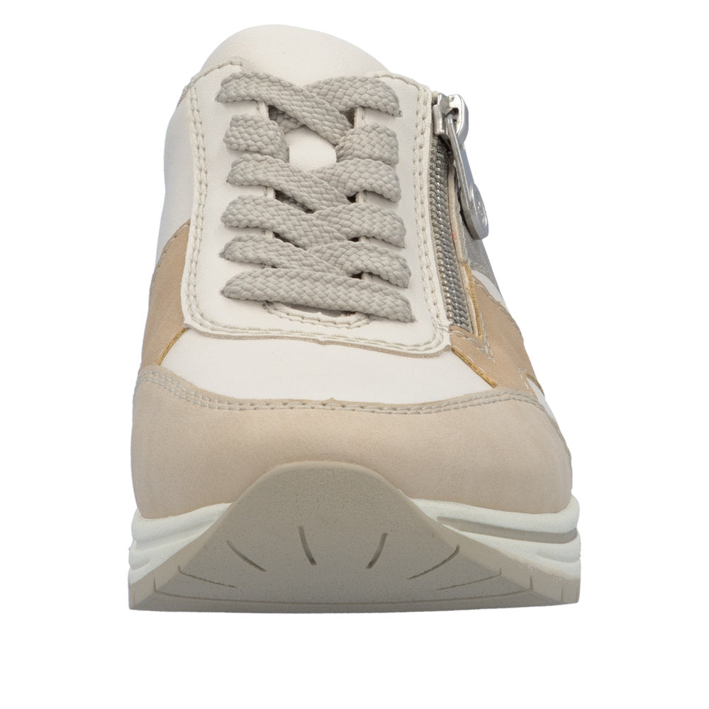 Rieker N9518-60 ladies wide fit trainers with multi zips and lace-ups, beige and white color, cushioned sole.