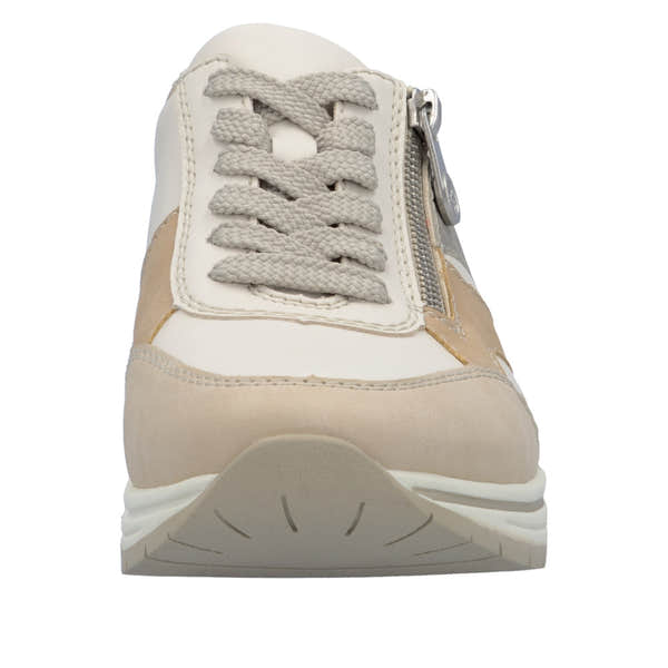 Rieker N9518-60 ladies wide fit trainers with multi zips and lace-ups, beige and white color, cushioned sole.