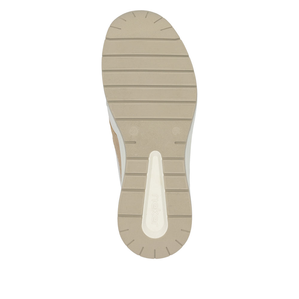 Rieker N9518-60 ladies wide-fit multi-zip and lace trainers, beige with textured sole and supportive design.