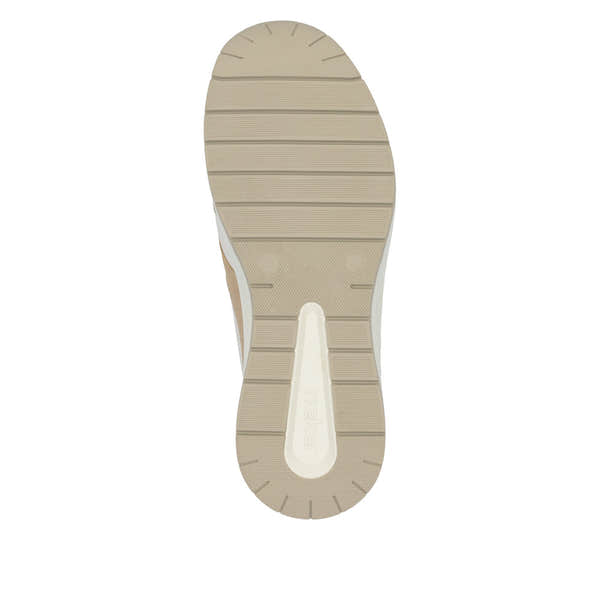 Rieker N9518-60 ladies wide-fit multi-zip and lace trainers, beige with textured sole and supportive design.