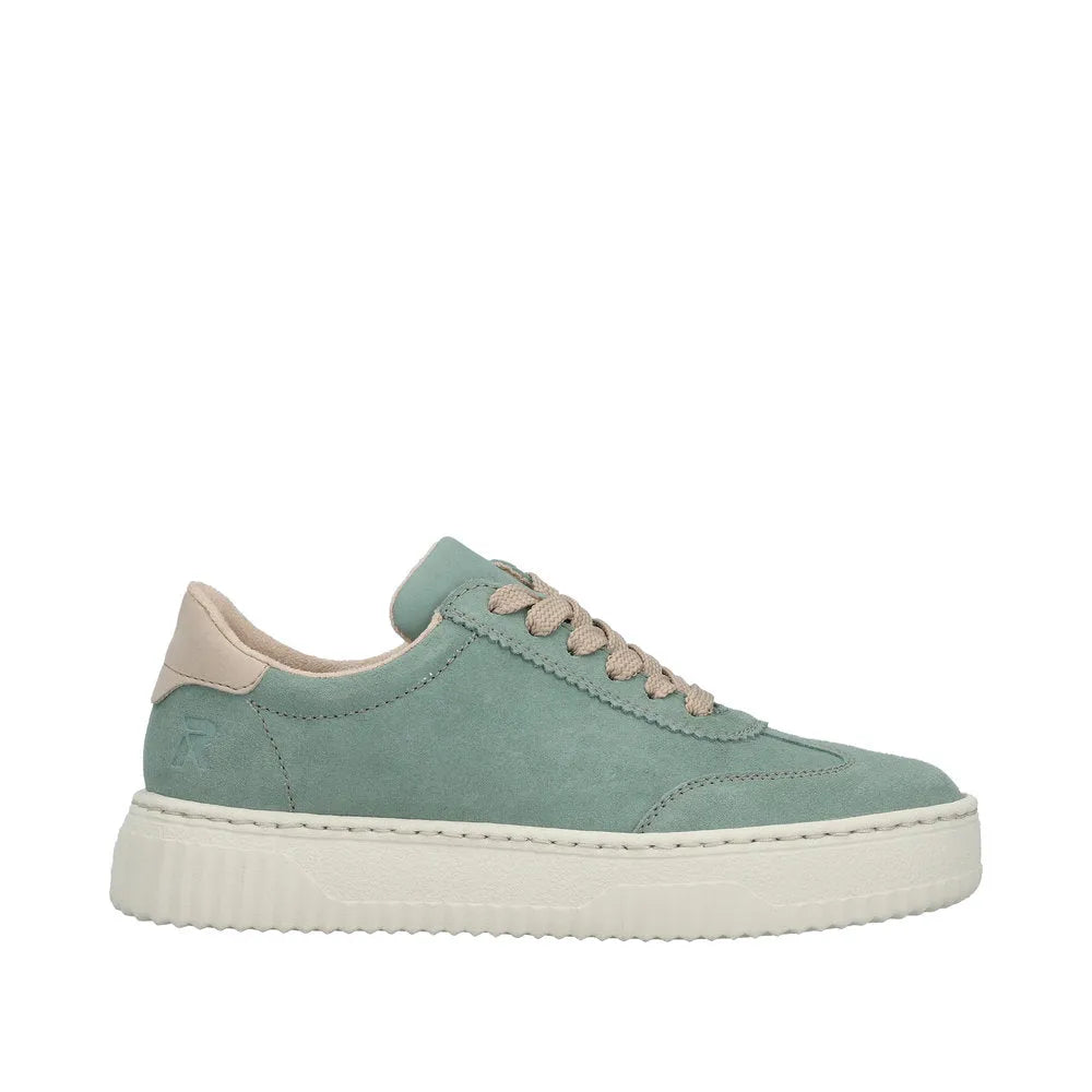 Mint suede lace-up trainers with beige accents and a chunky white sole, designed for casual wear.