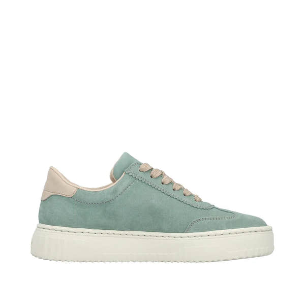 Mint suede lace-up trainer with beige accents and a chunky white sole.