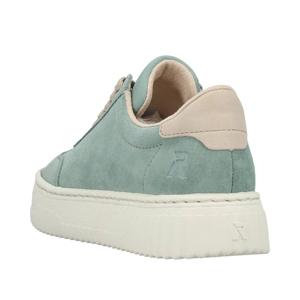 Rieker N9910-52 mint suede lace-up trainers with chunky white sole and beige accents, stylish and casual footwear.