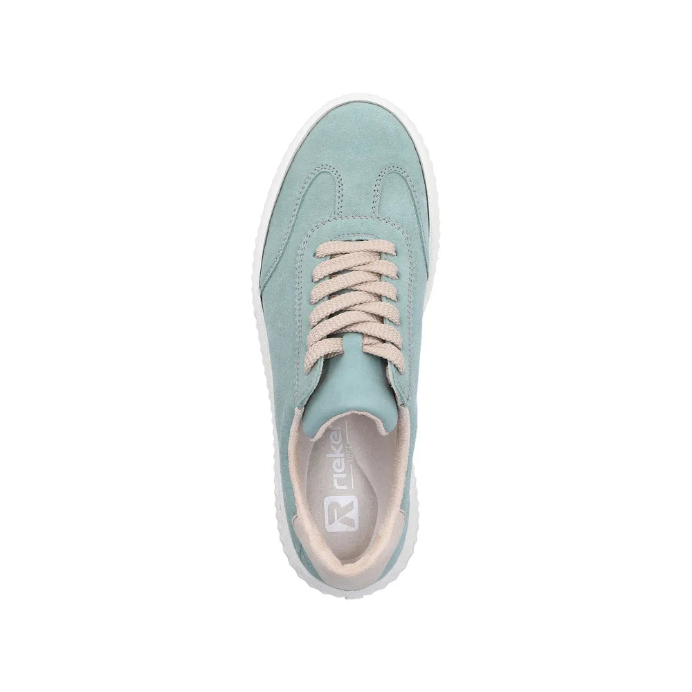 Mint suede lace-up trainer with white rubber sole and beige laces, stylish and comfortable casual footwear.