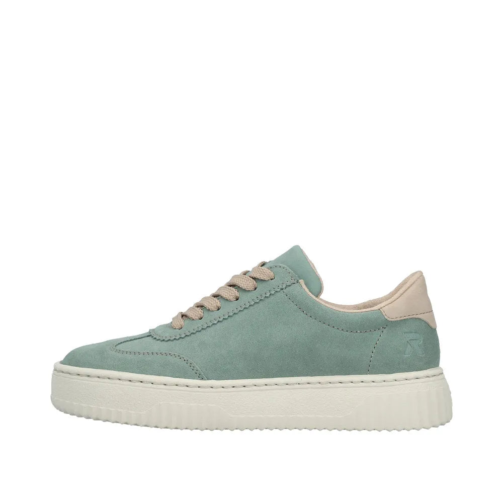 Mint suede lace-up trainer with beige accents, chunky white sole, and stylish casual design.