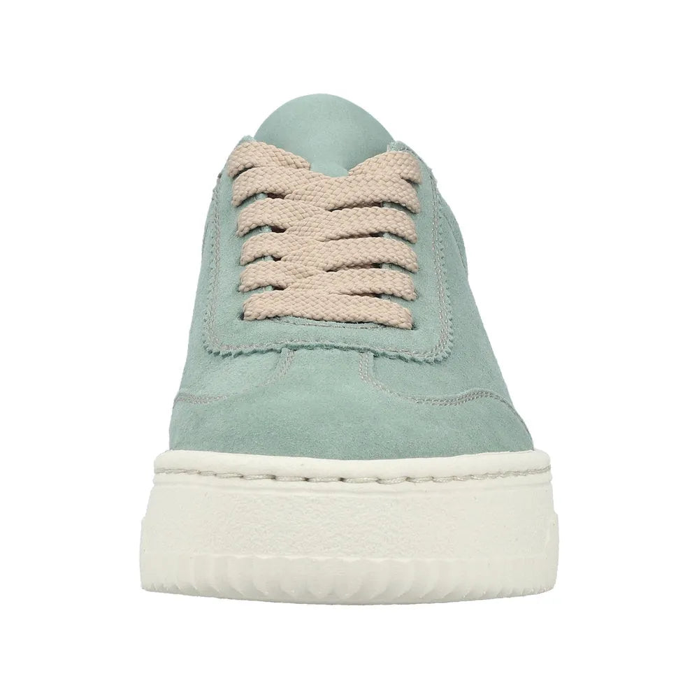 Mint suede lace-up sneaker with beige textured laces and a white rubber sole, stylish and casual women's trainers.