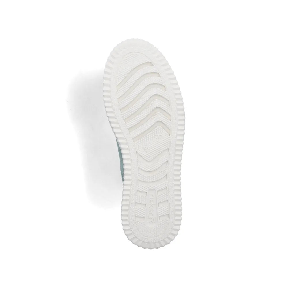 Rieker N9910-52 ladies mint suede lace-up trainers with white rubber sole and textured tread pattern.