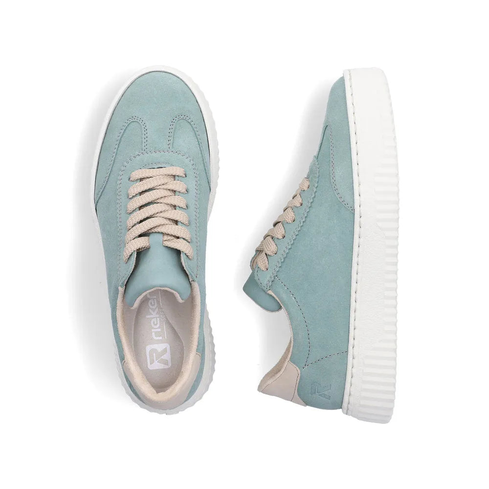 Rieker N9910-52 ladies mint suede lace-up trainers with white rubber soles and beige laces, stylish casual footwear.