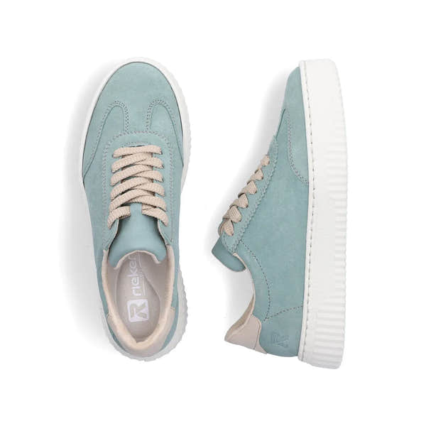 Rieker N9910-52 ladies mint suede lace-up trainers with white rubber soles and beige laces, stylish casual footwear.