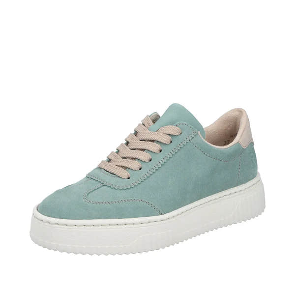 Mint suede lace-up trainers with white chunky sole and beige laces, stylish and comfortable for casual wear.