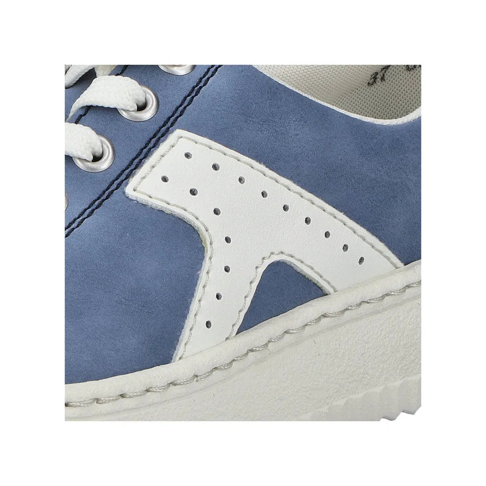 Close-up of Rieker N9920-14 ladies light blue/off white trainers with lace and zip, perforated detail, and white sole.