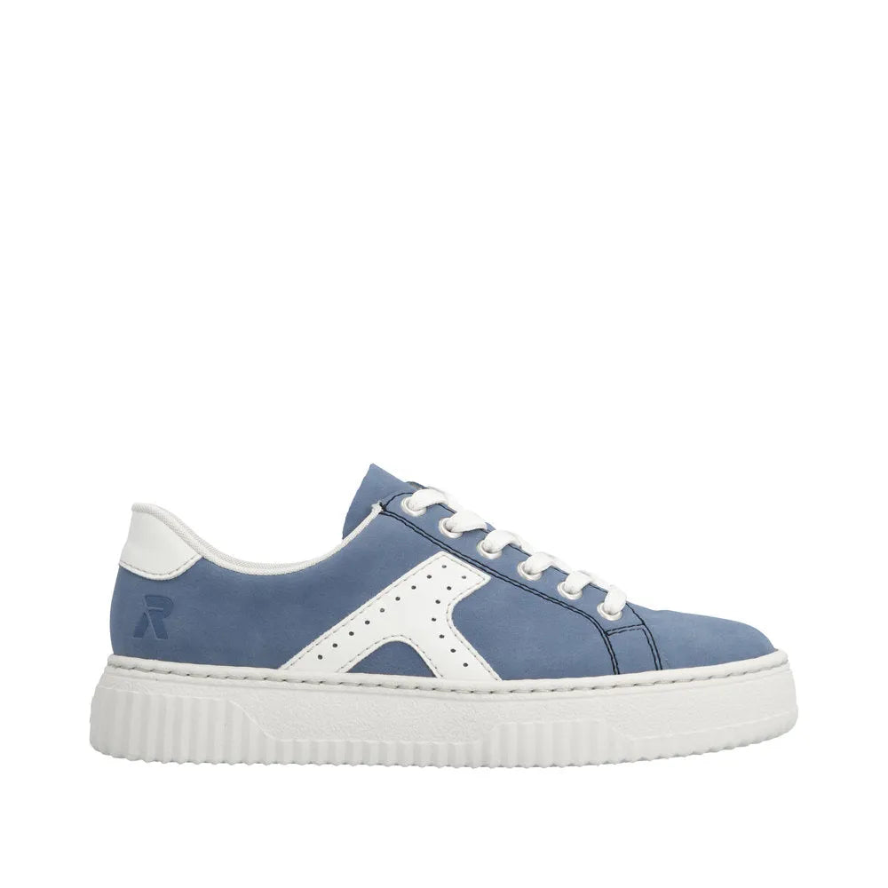 Light blue and off-white lace-up trainer with a chunky white sole and zip & lace fastening, made of smooth material.
