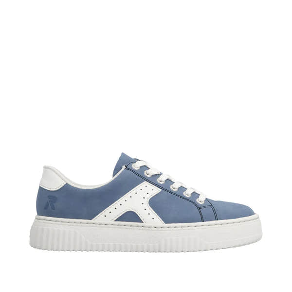 Light blue and off-white lace-up trainer with a chunky white sole and zip & lace fastening, made of smooth material.