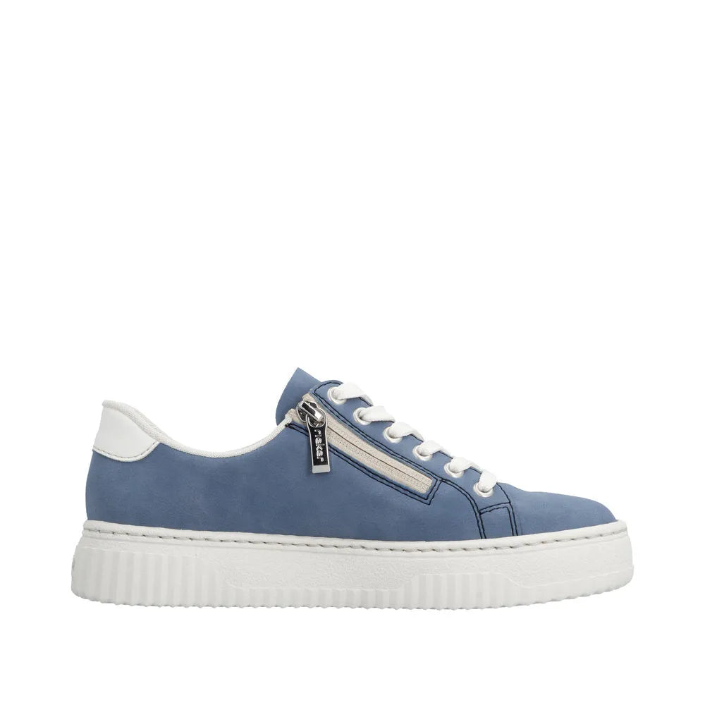 Light blue and off-white lace-up trainers with zip detail, cushioned sole, and mixed synthetic and textile materials.