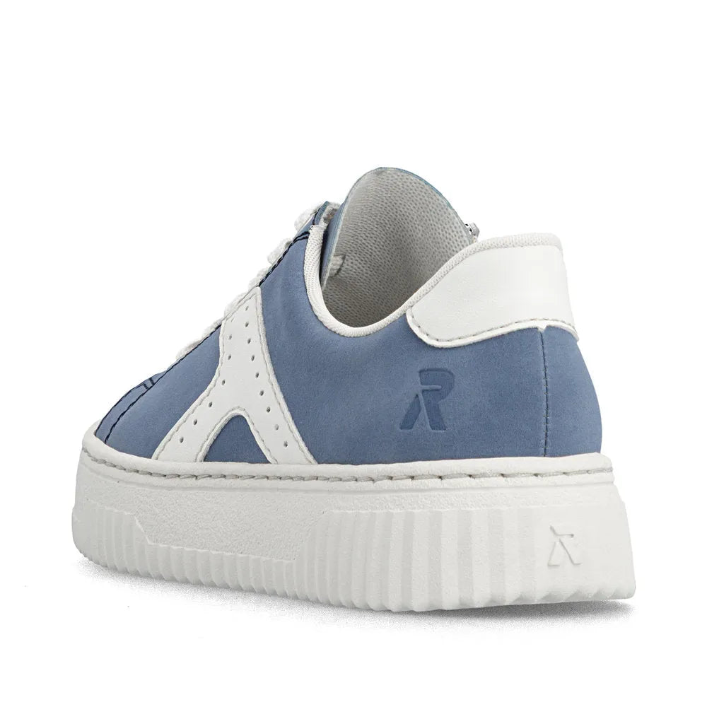 Light blue and off-white lace and zip-up trainers with textured sole and branded detail at the heel.