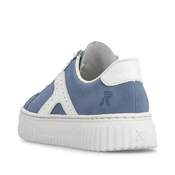 Light blue and off-white lace and zip-up trainers with textured sole and branded detail at the heel.