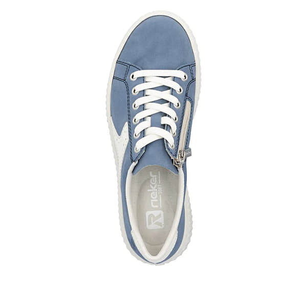 Light blue and off-white casual trainers with lace-up and zip detail, suede and mesh materials, thick white sole.