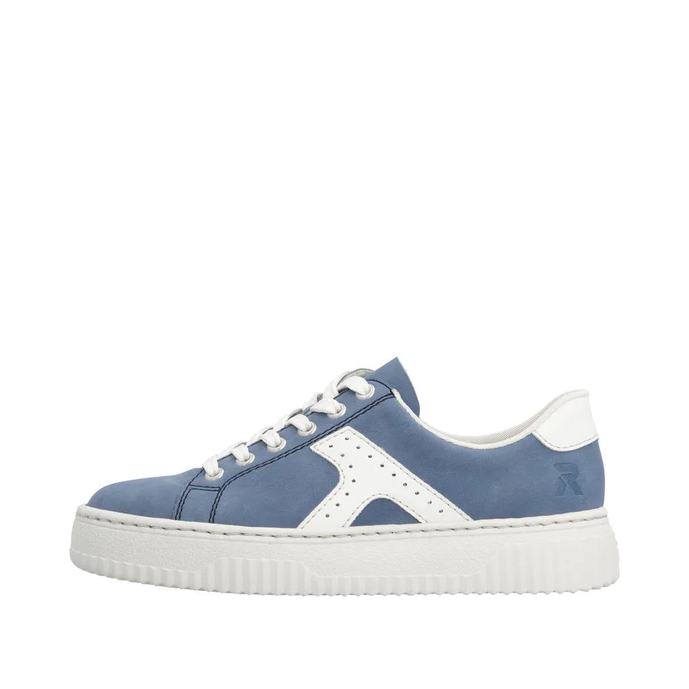 Light blue and off-white lace-up trainers with zip detail, made of smooth material with a thick white sole.