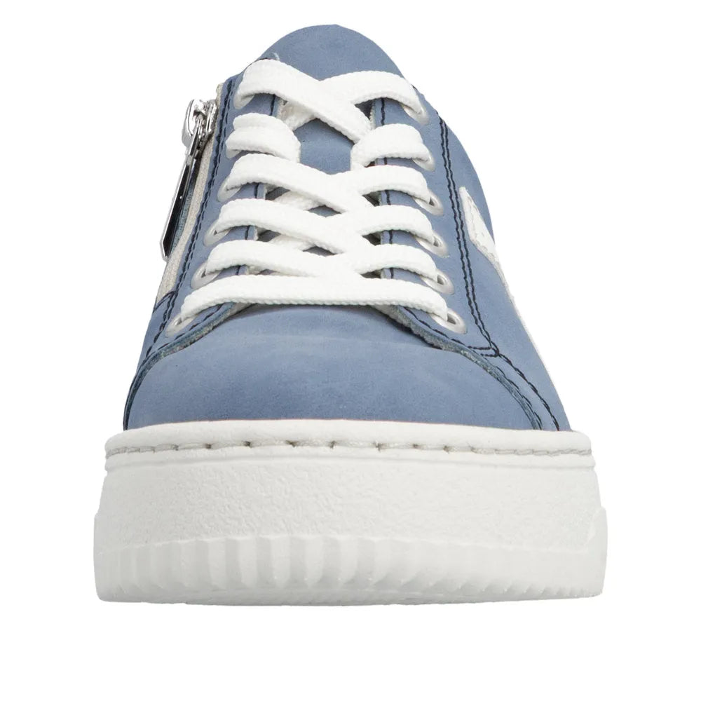 Light blue and off-white lace and zip trainers with a padded sole and textured sole for women.